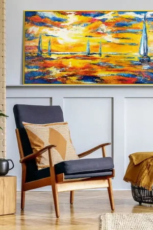 Abstract acryl schilderij op canvas – Handgeschilderde zeilboten bij zonsondergang met lijst Sea Mirage