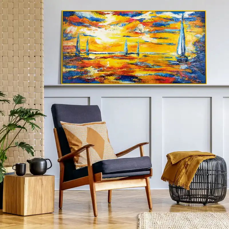 Abstract acryl schilderij op canvas – Handgeschilderde zeilboten bij zonsondergang met lijst Sea Mirage
