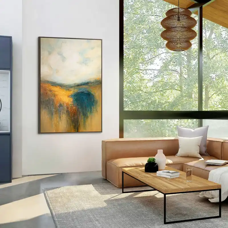 Abstract kunstwerk „Snede door de Horizon” – Acryl schilderij modern in Blauw en Geel