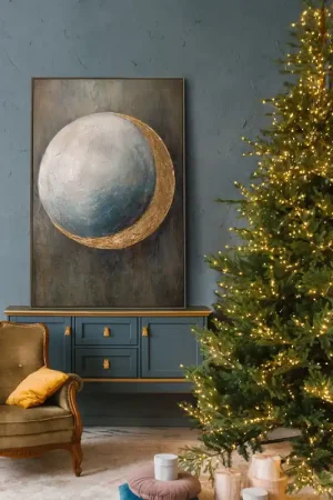 Abstract Maan Structuurschilderij Op Canvas – Handgeschilderde Luxe Wandkunst Met Goud