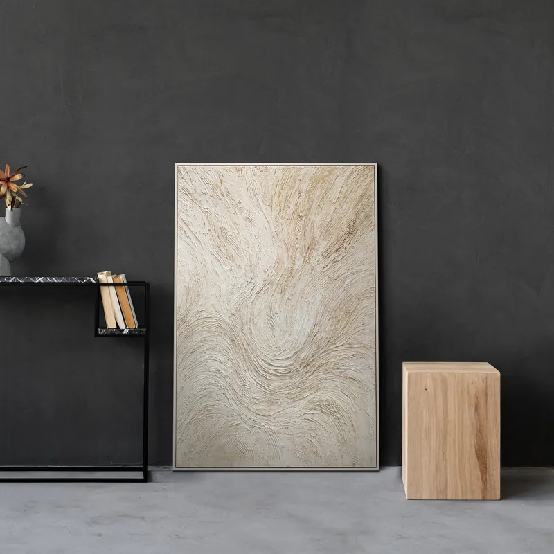 Abstract Structuurschilderij Op Canvas – Handgeschilderde Moderne Wanddecoratie In Beige