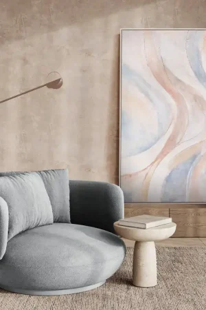 Abstract schilderij op canvas, beige en blauw – ingelijst schilderij met textuur "Windlijnen"
