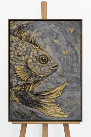 „Goldener Fisch" – Maritimes Tiergemälde handgemalt mit Rahmen, 50x70 cm