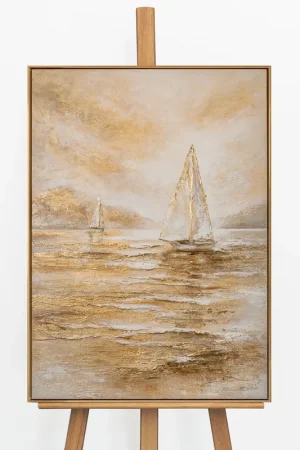 „Goldene Segel" – Maritimes Landschaftsgemälde handgemalt mit Rahmen, 50x70 cm