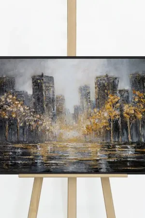 „Lichter der Stadt" – Goldenes Panorama Stadtgemälde handgemalt mit Rahmen, 50x70 cm