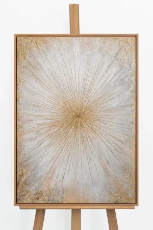 „Sonnenstrahlen" – Abstraktes Goldgemälde handgemalt mit Rahmen, 50x70 cm Hochformat