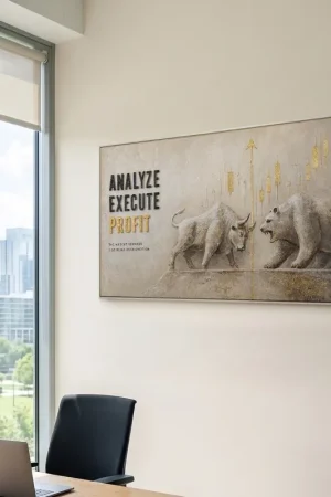 Analyze Execute Profit – handgemaltes Wandbild fürs Büro mit 3D-Relief, 140 × 70 cm