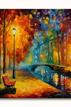 Bench and Lamppost in a Park - Leonid Afremov signature
